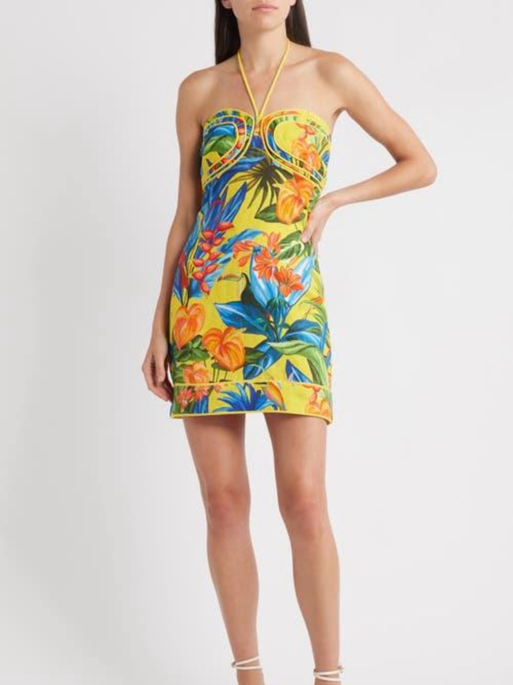 Farm Rio NEW Medium Yellow Tropical Bright Nature Linen Halter Dress